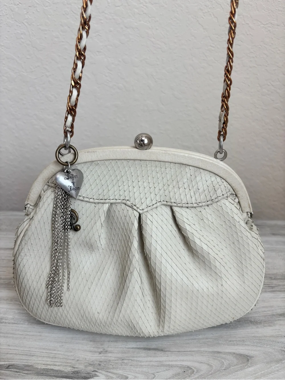 Vintage Rhythm & Rhyme crossbody bag Python-embossed Ivory leather heart charm